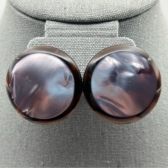 Vintage 80s Statement Purple Shiny Metallic Pierced Stud Earrings Acrylic Brown - Picture 2 of 9